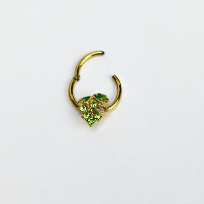 16G 3/8 Green Gem Gold Tone Butterfly Grapes Hinged Segment Ring
