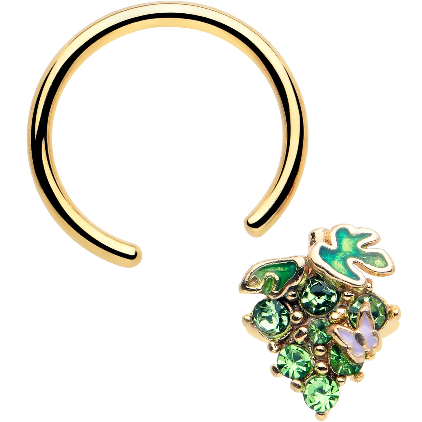 16G 3/8 Green Gem Gold Tone Butterfly Grapes BCR Captive Ring