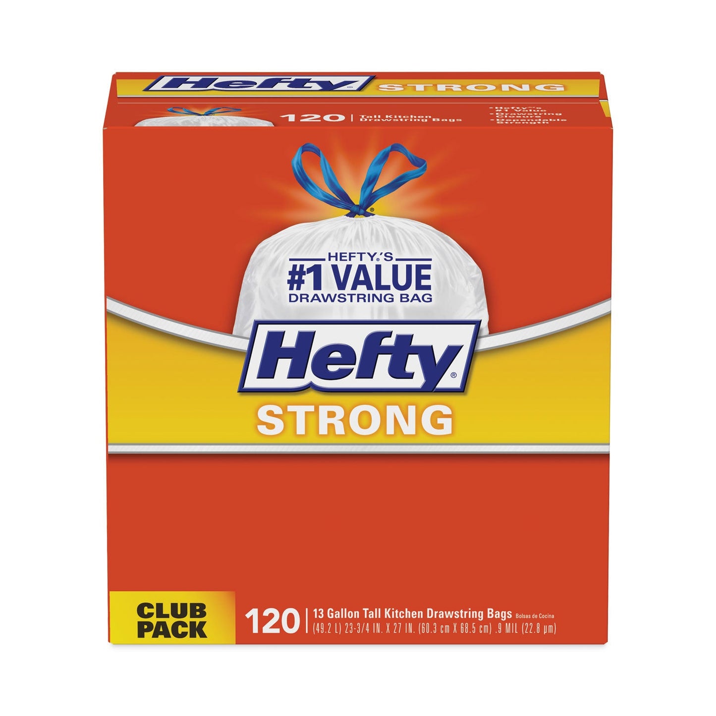 Hefty Strong Tall Kitchen Drawstring Bags, 13 gal, 0.9 mil, 23.75" x 27", White, 360/Carton