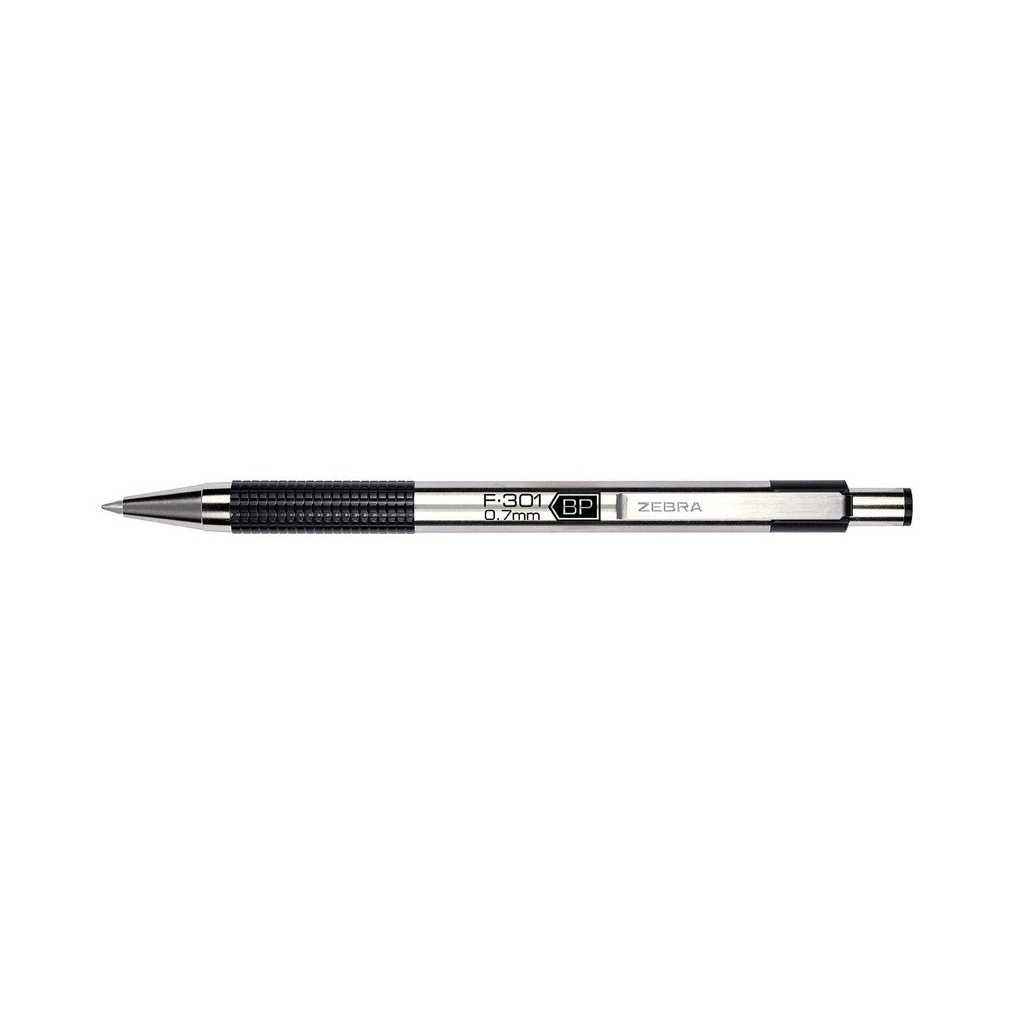 Zebra F-301 Ballpoint Pen, Retractable, Fine 0.7 mm, Black Ink, Stainless Steel/Black Barrel, 2/Pack