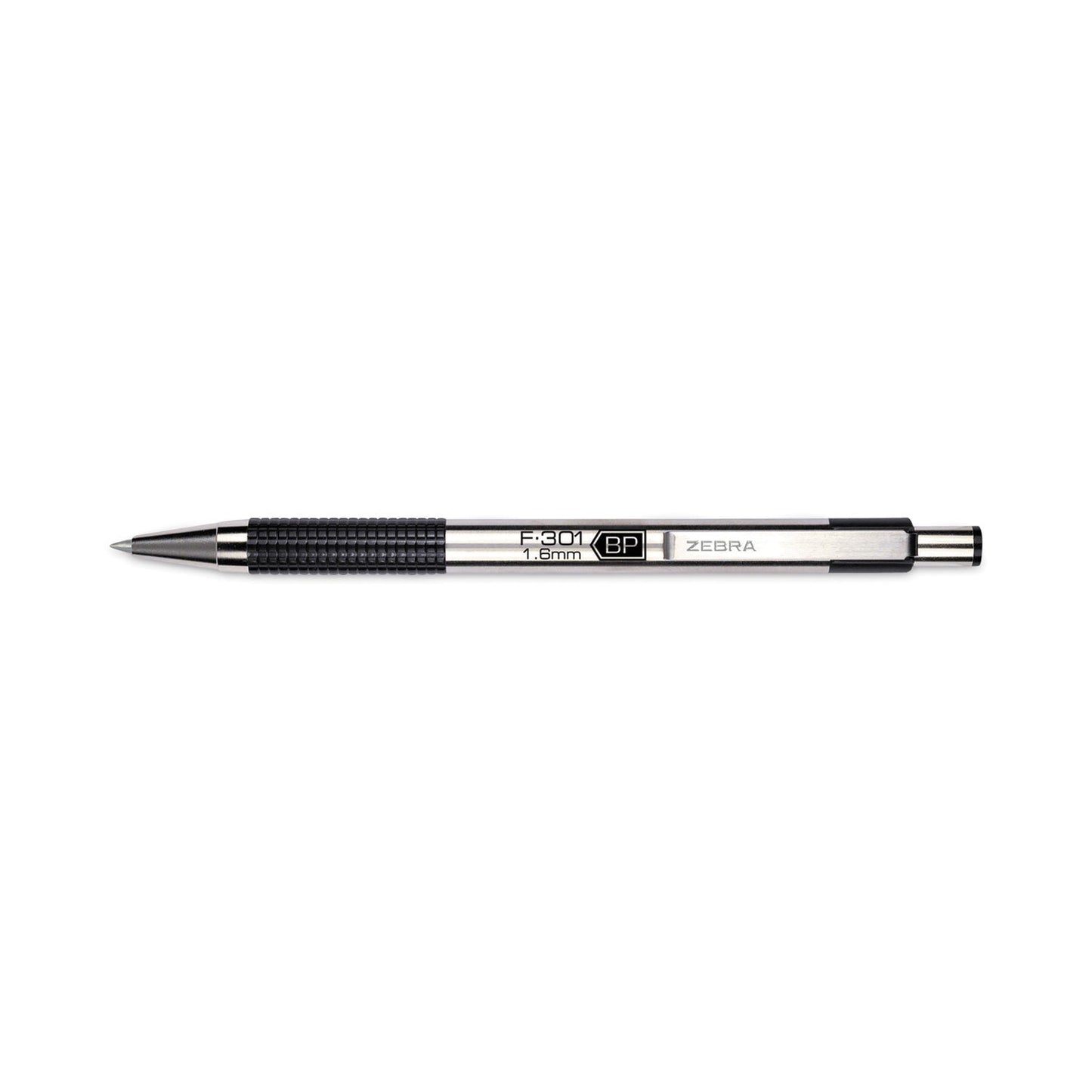 Zebra F-301 Ballpoint Pen, Retractable, Bold 1.6 mm, Black Ink, Stainless Steel/Black Barrel, 12/Pack