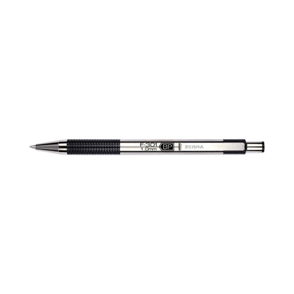 Zebra F-301 Ballpoint Pen, Retractable, Medium 1 mm, Black Ink, Stainless Steel/Black Barrel