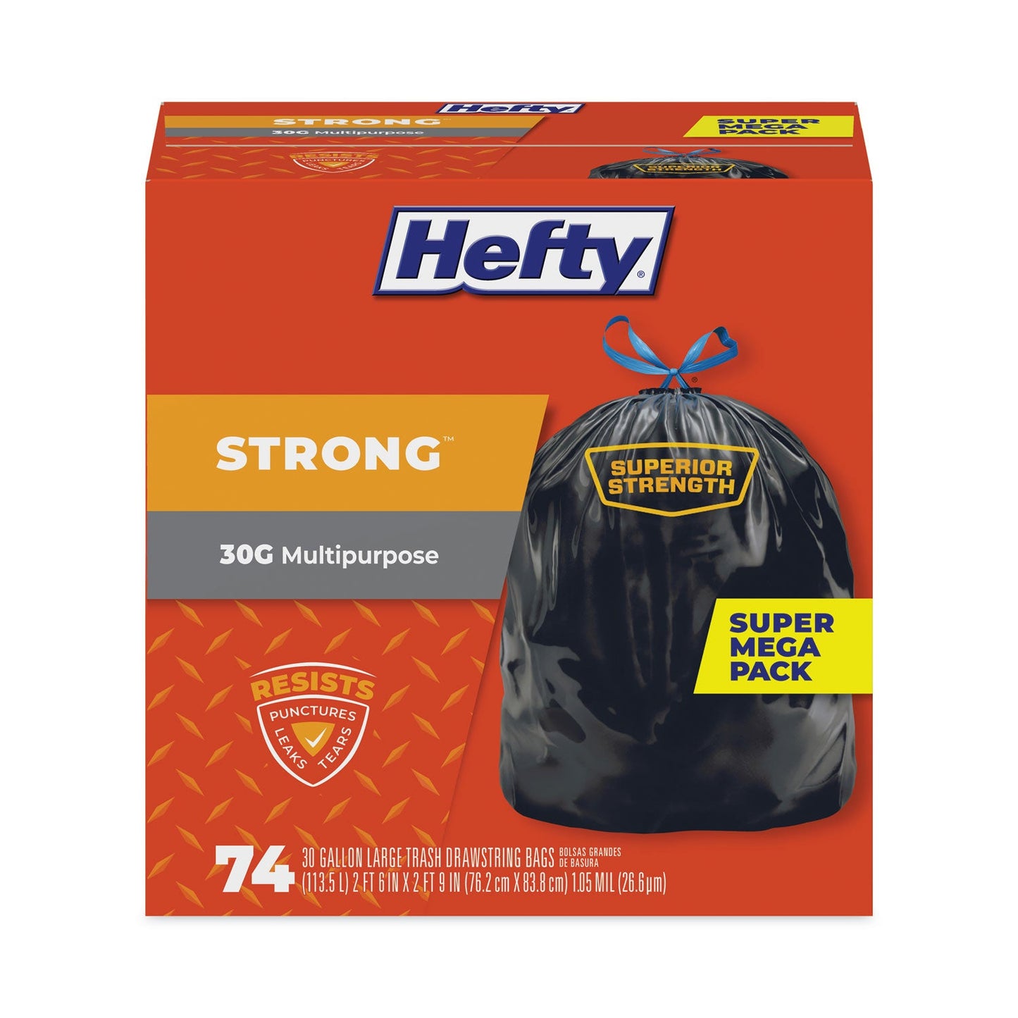 Hefty Ultra Strong Tall Kitchen and Trash Bags, 30 gal, 1.1 mil, 30" x 33", Black, 74/Box