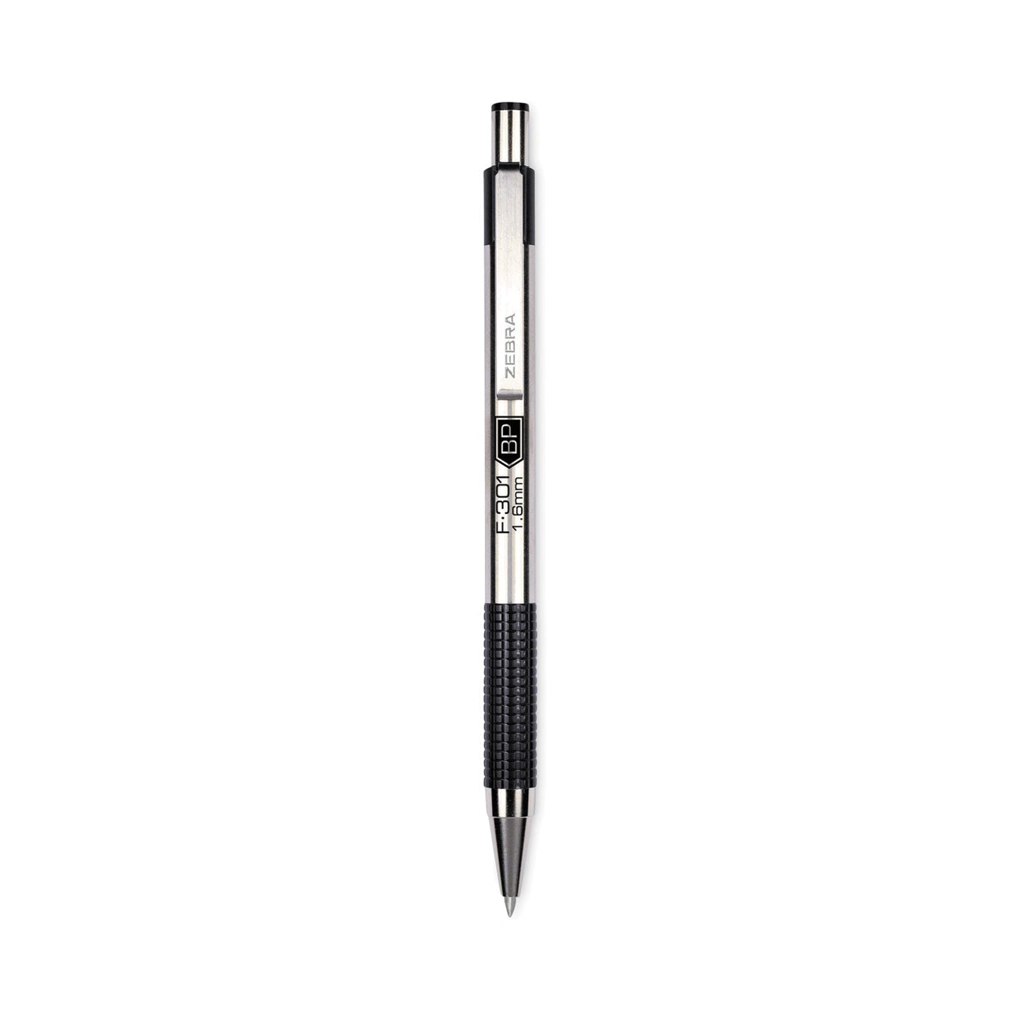 Zebra F-301 Ballpoint Pen, Retractable, Bold 1.6 mm, Black Ink, Stainless Steel/Black Barrel, 12/Pack