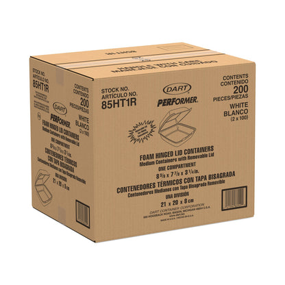 Dart Foam Hinged Lid Containers, 1-Compartment, 8.38 x 7.78 x 3.25, White, 200/Carton
