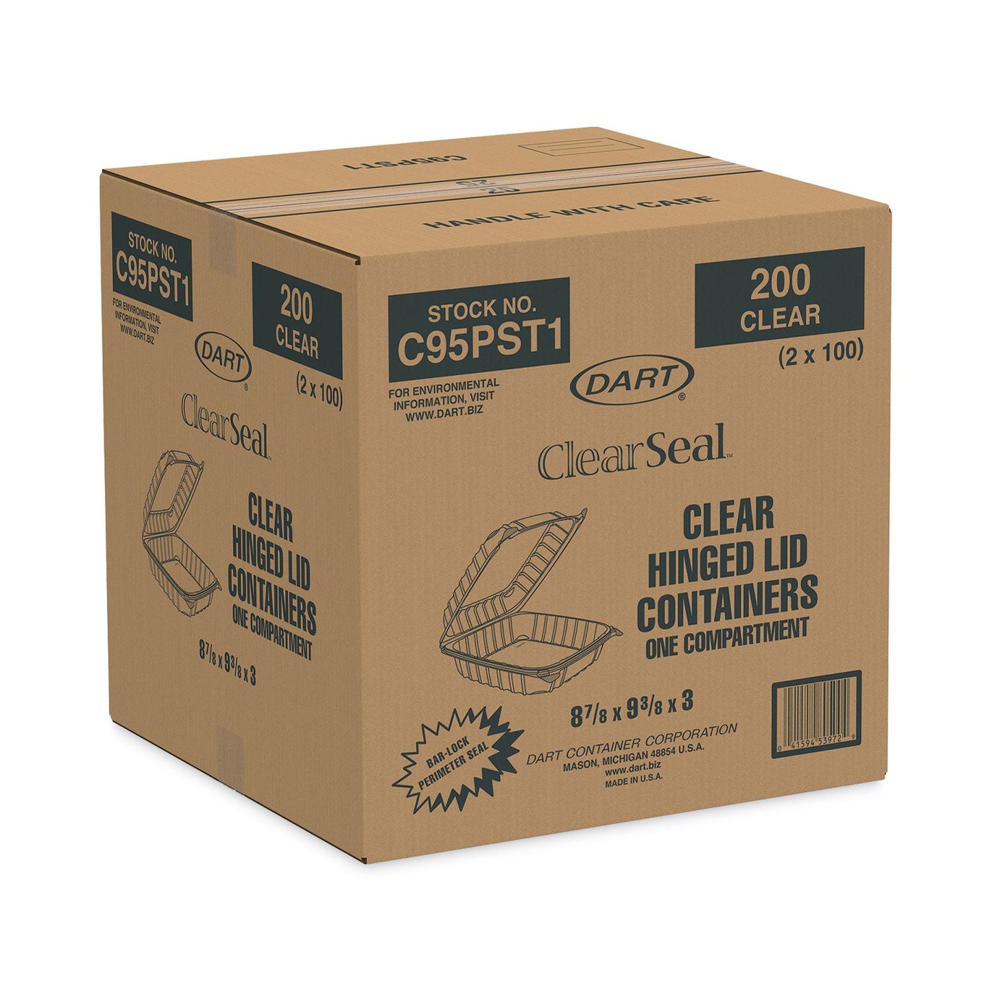 Dart ClearSeal Hinged-Lid Plastic Containers, 9.3 x 8.8 x 3, Clear, Plastic, 100/Bag, 2 Bags/Carton