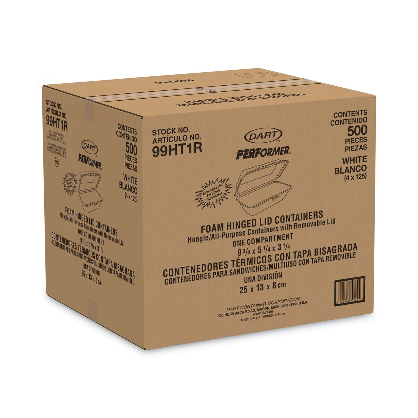 Dart Foam Hinged Lid Container, Hoagie Container with Removable Lid, 5.3 x 9.8 x 3.3, White, 125/Bag, 4 Bags/Carton