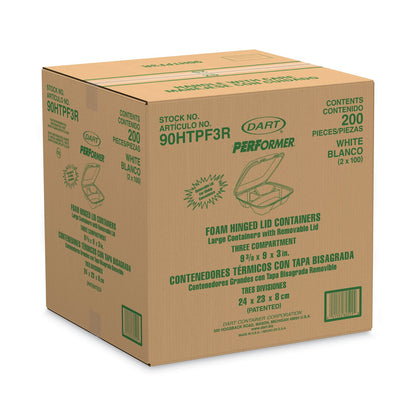 Dart Foam Hinged Lid Container, Performer Perforated Lid, 3-Compartment, 9 x 9.4 x 3, White, 100/Bag, 2 Bag/Carton