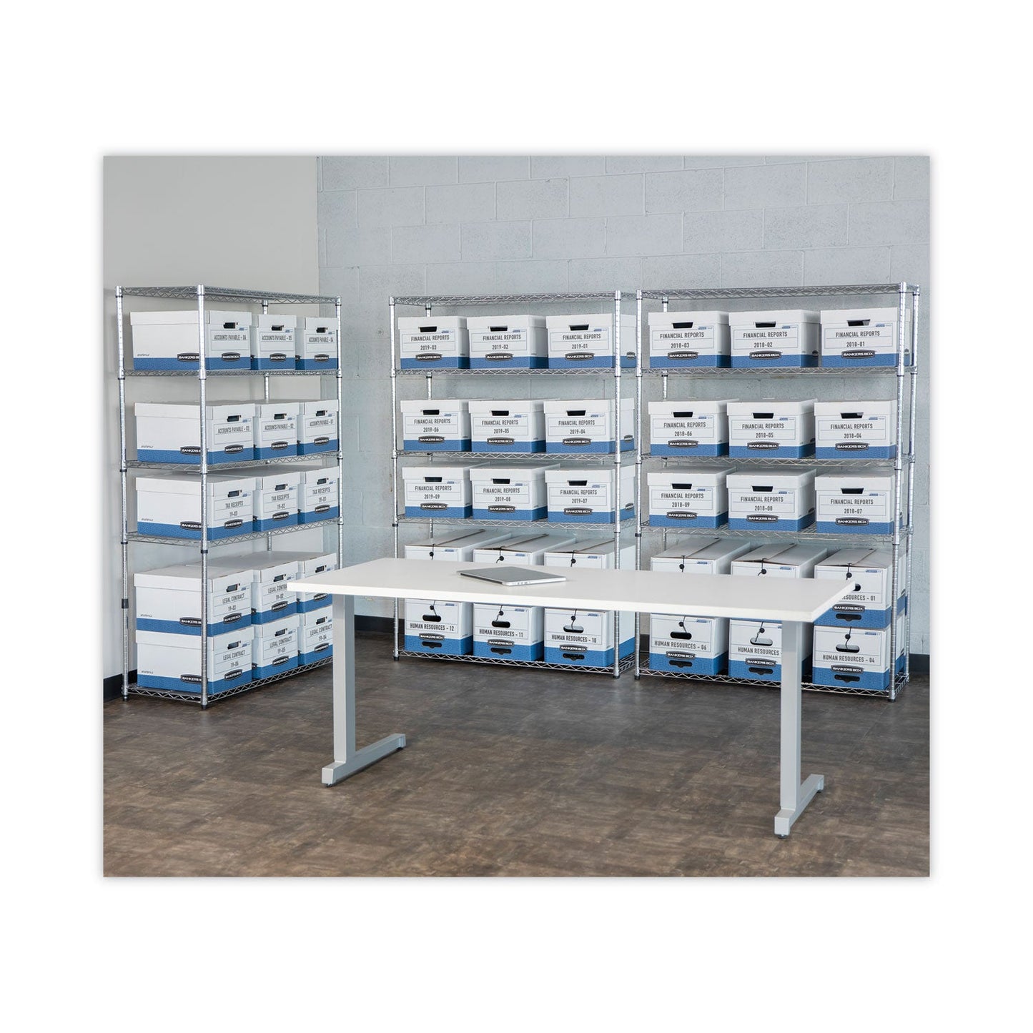 Bankers Box HANG'N'STOR Medium-Duty Storage Boxes, Letter Files, 12.63" x 15.63" x 10", White/Blue, 4/Carton