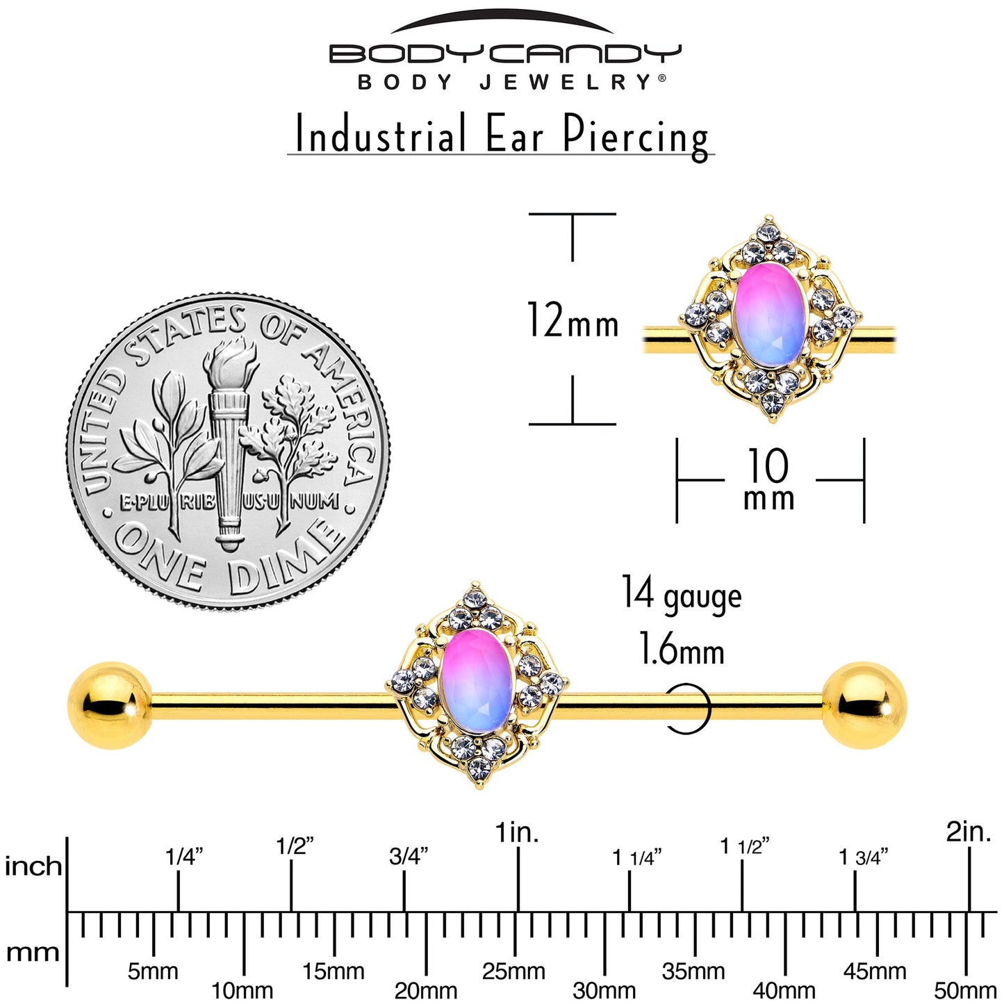 14G Pink Tourmaline Gold Tone Wondrous Industrial Barbell 38mm