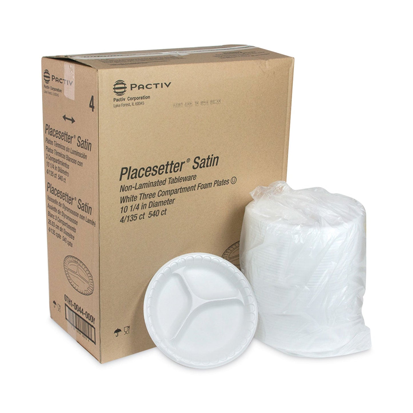 Pactiv Evergreen Placesetter Satin Non-Laminated Foam Dinnerware, 3-Compartment Plate, 10.25" dia, White, 540/Carton
