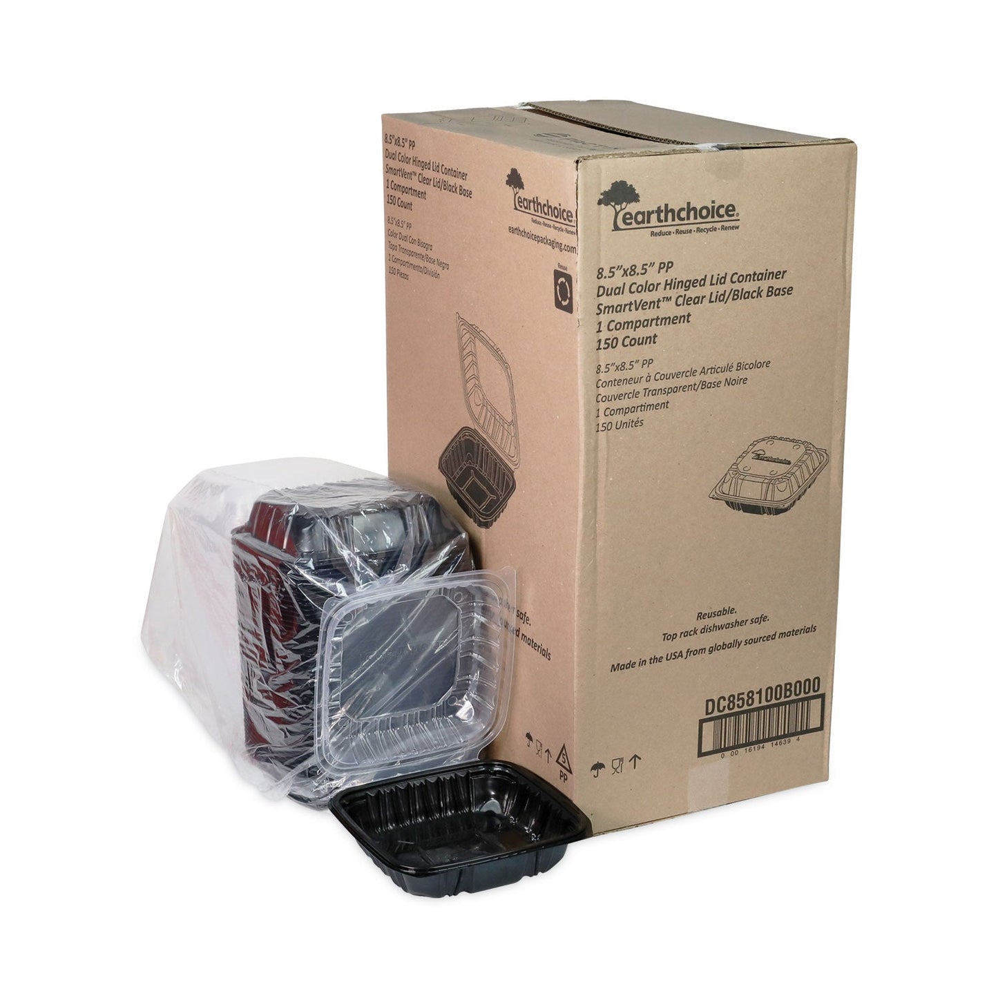Pactiv Evergreen EarthChoice Vented Dual Color Microwavable Hinged Lid Container, 1-Compartment, 38oz, 8.5x8.5x3, Black/Clear, Plastic, 150/CT