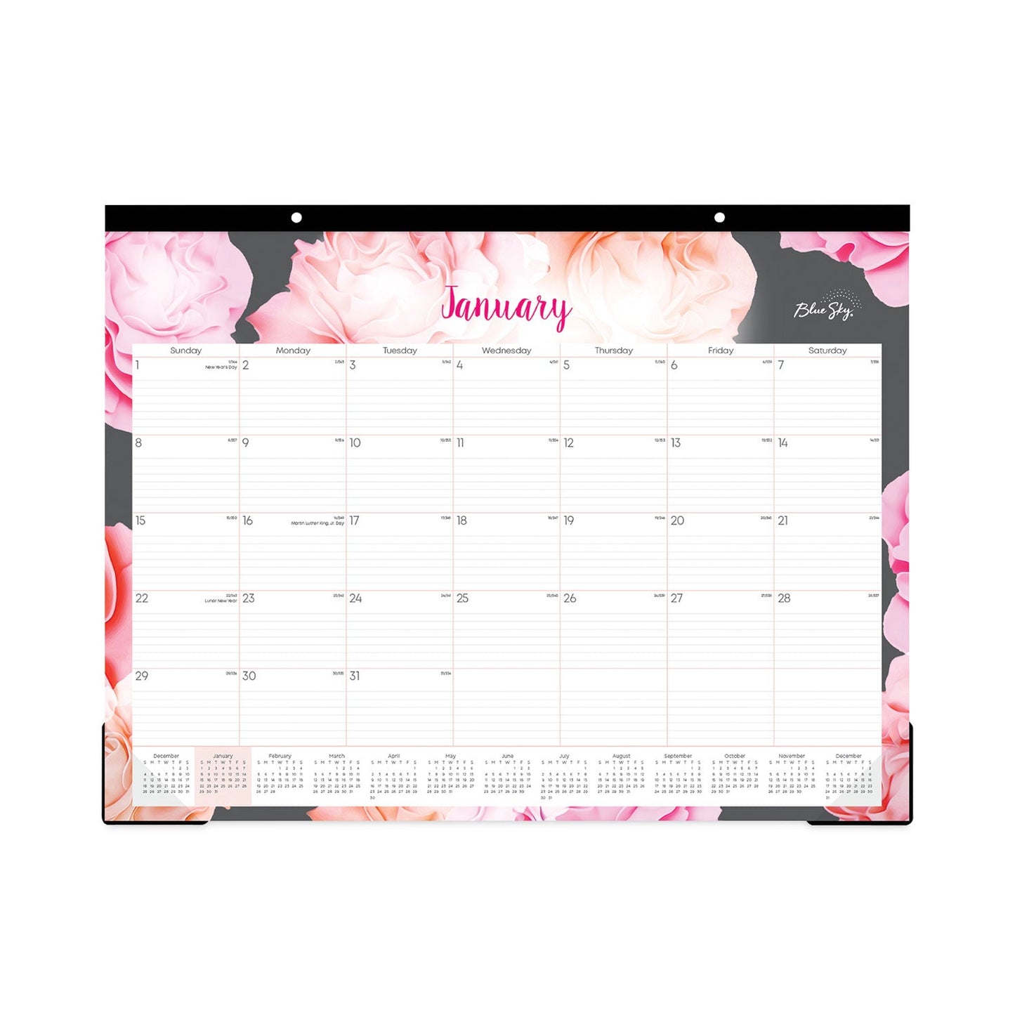 Blue Sky Joselyn Desk Pad, Rose Artwork, 22 x 17, White/Pink/Peach Sheets, Black Binding, Clear Corners, 12-Month (Jan-Dec): 2023