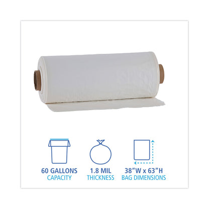 Boardwalk Industrial Drum Liners Rolls, 60 gal, 1.8 mil, 38 x 63, Clear, 1 Roll of 75 Bags