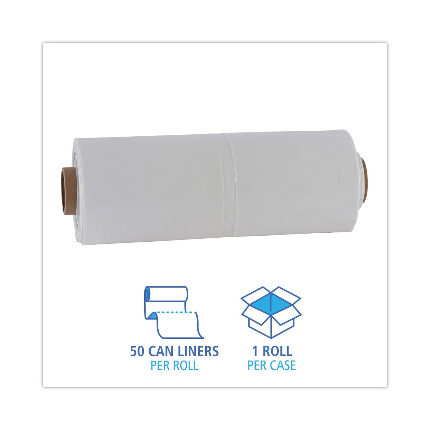 Boardwalk Industrial Drum Liners Rolls, 60 gal, 2.7 mil, 38 x 63, Clear, 1 Roll of 50 Bags