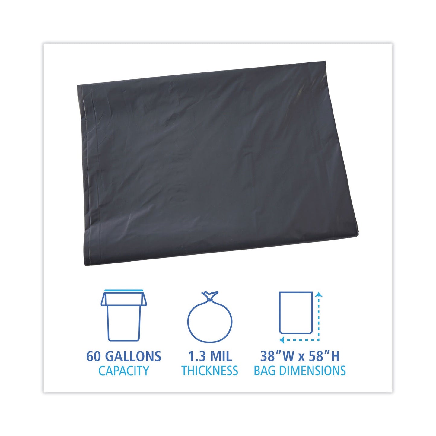 Boardwalk Linear Low Density Industrial Can Liners, 60 gal, 1.3 mil, 38 x 58, Gray, 100/Carton