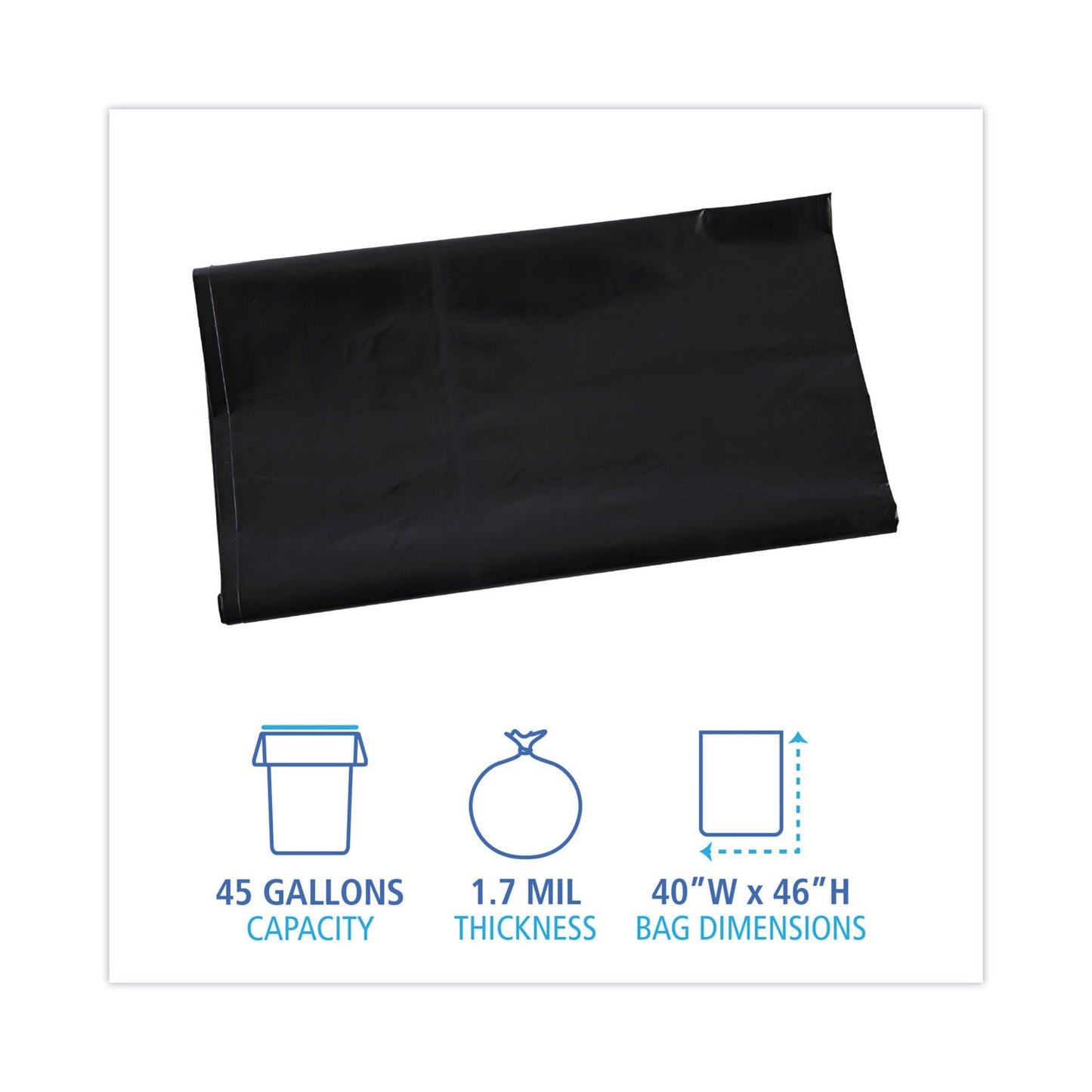 Boardwalk Linear Low Density Industrial Can Liners, 45 gal, 1.7 mil, 40 x 46, Black, 100/Carton