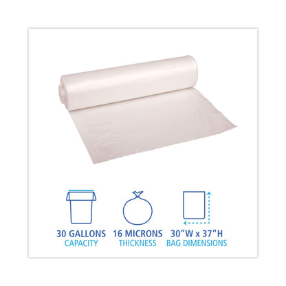 Boardwalk High Density Industrial Can Liners Coreless Rolls, 30 gal, 16 microns, 30 x 37, Natural, 20 Rolls 25 Bags