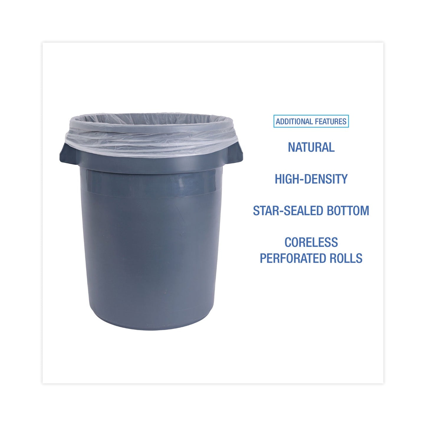 Boardwalk High Density Industrial Can Liners Coreless Rolls, 33 gal, 16 microns, 33 x 40, Natural, 10 Rolls of 25 Bags