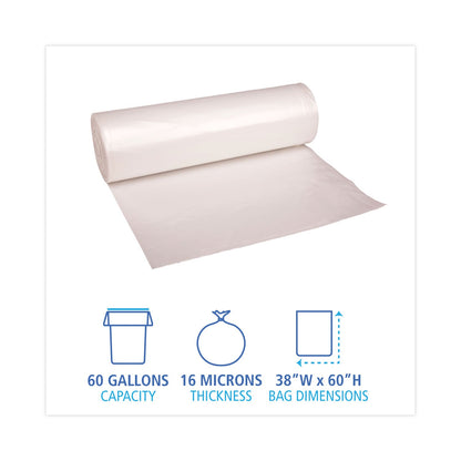 Boardwalk High Density Industrial Can Liners Coreless Rolls, 60 gal, 16 microns, 38 x 60, Natural, 8 Rolls of 25 Bags