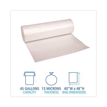 Boardwalk High Density Industrial Can Liners Coreless Rolls, 45 gal, 13 microns, 40 x 48, Natural, 10 Rolls of 25 Bags