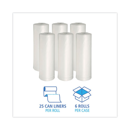 Boardwalk Low-Density Waste Can Liners, 33 gal, 0.6 mil, 33 x 39, White, 6 Rolls of 25 Bags
