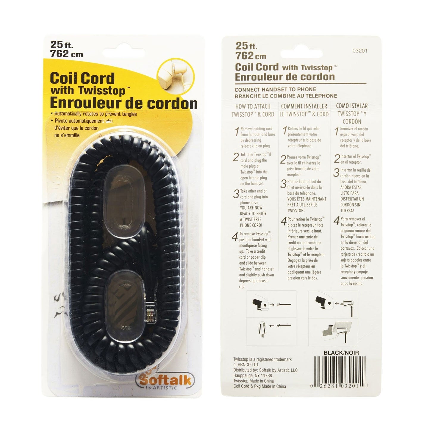 Softalk Twisstop Detangler with Coiled, 25-Foot Phone Cord, Black