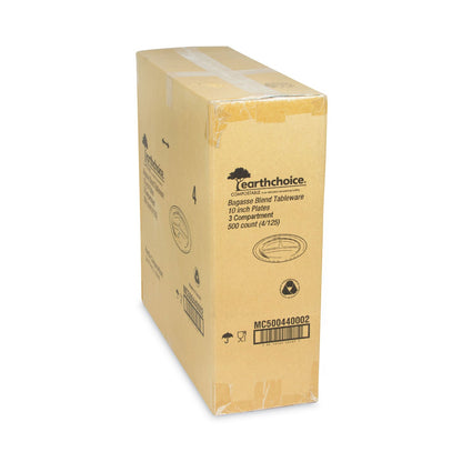 Pactiv Evergreen EarthChoice Compostable Fiber-Blend Bagasse Dinnerware, 3-Compartment Plate, 10" dia, Natural, 500/Carton