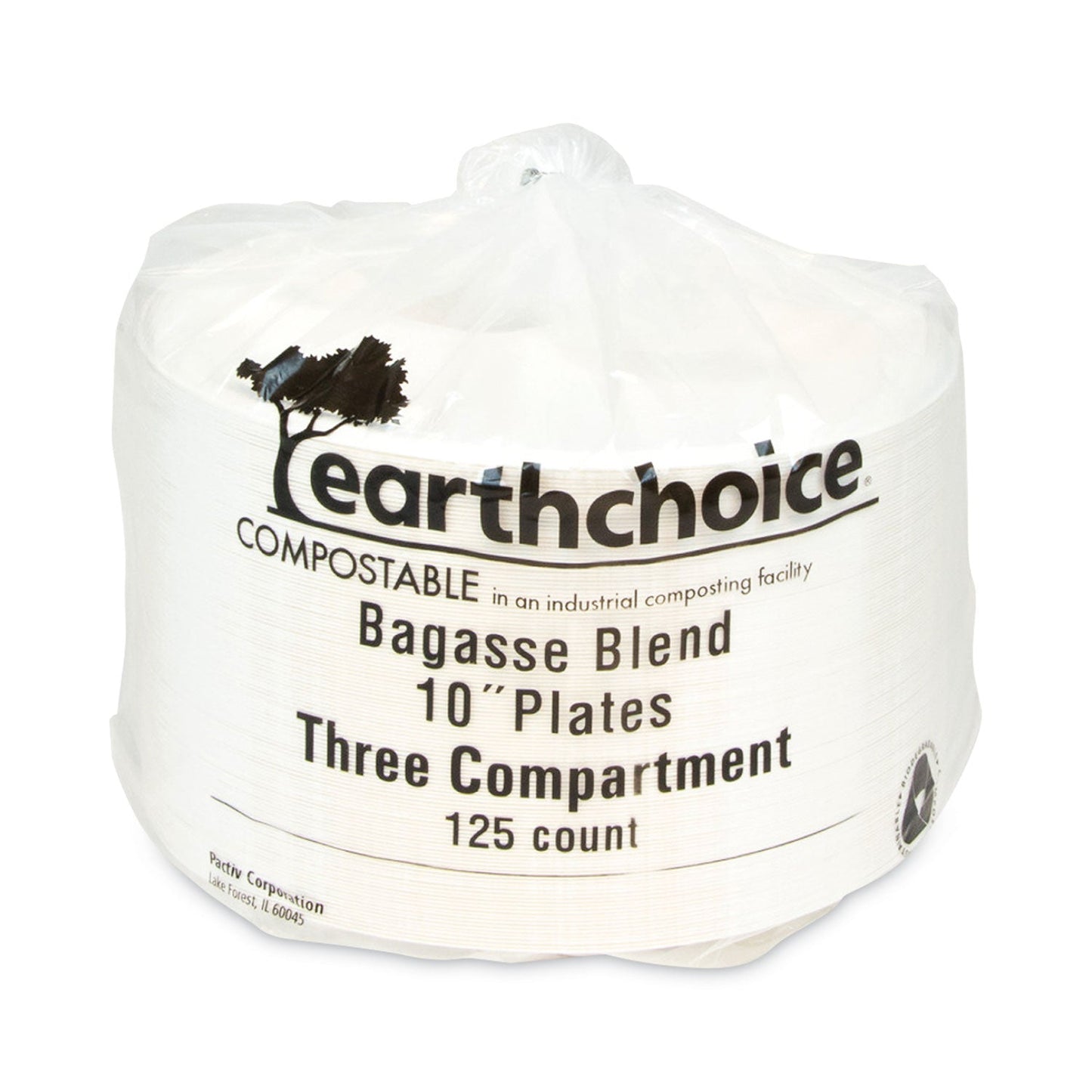 Pactiv Evergreen EarthChoice Compostable Fiber-Blend Bagasse Dinnerware, 3-Compartment Plate, 10" dia, Natural, 500/Carton