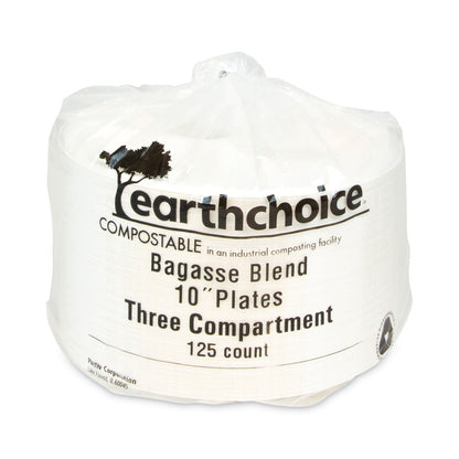 Pactiv Evergreen EarthChoice Compostable Fiber-Blend Bagasse Dinnerware, 3-Compartment Plate, 10" dia, Natural, 500/Carton