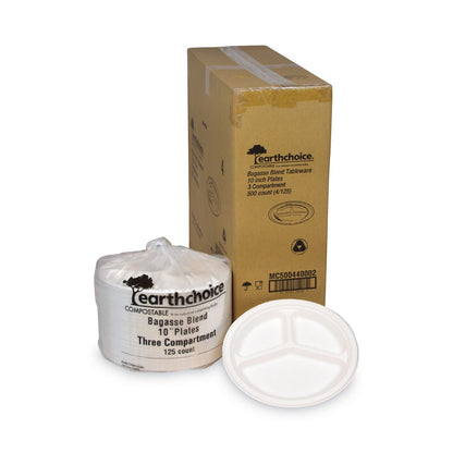 Pactiv Evergreen EarthChoice Compostable Fiber-Blend Bagasse Dinnerware, 3-Compartment Plate, 10" dia, Natural, 500/Carton