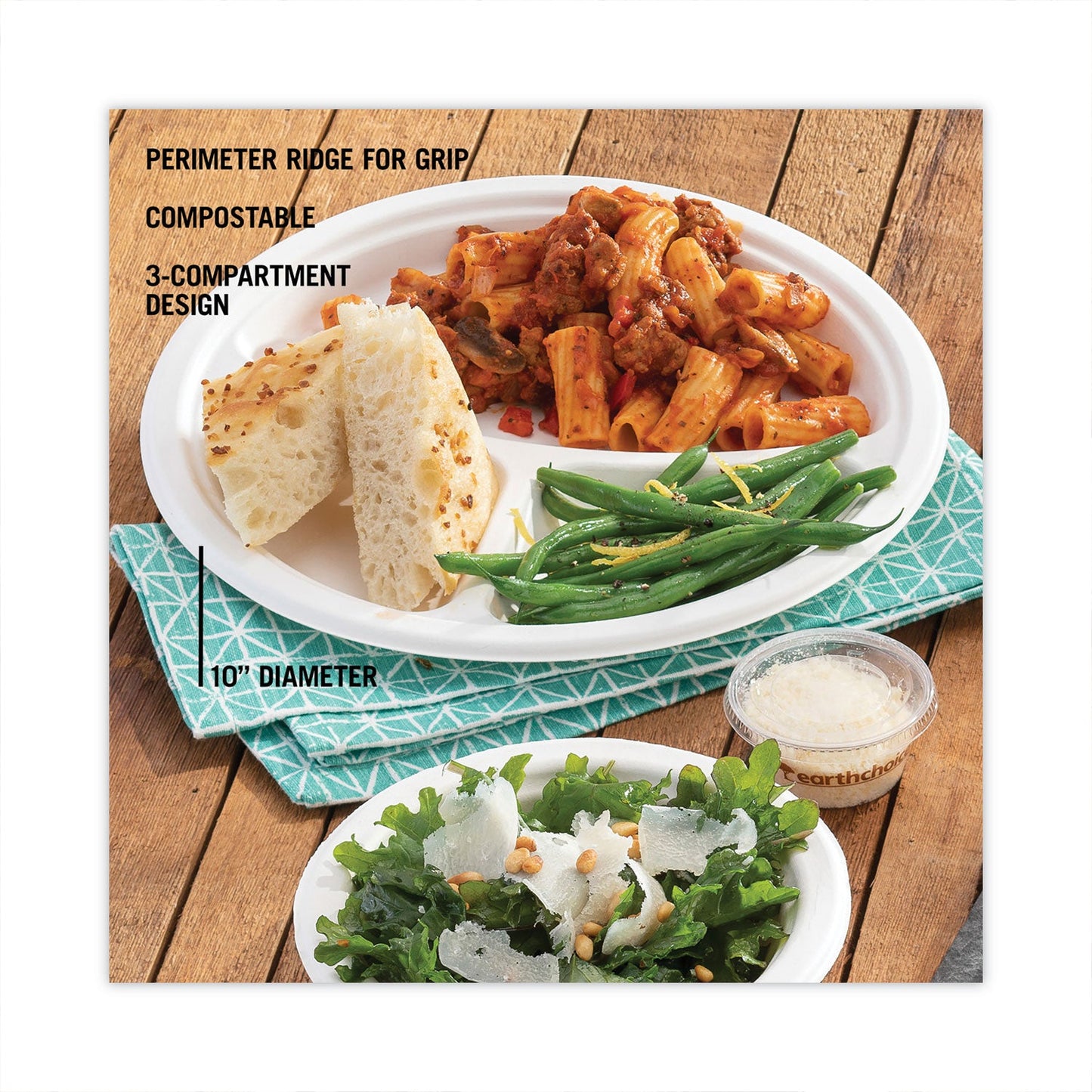Pactiv Evergreen EarthChoice Compostable Fiber-Blend Bagasse Dinnerware, 3-Compartment Plate, 10" dia, Natural, 500/Carton