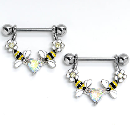 14G 9/16 Aurora Gem Heart Bees Flowers Dangle Nipple Ring Set