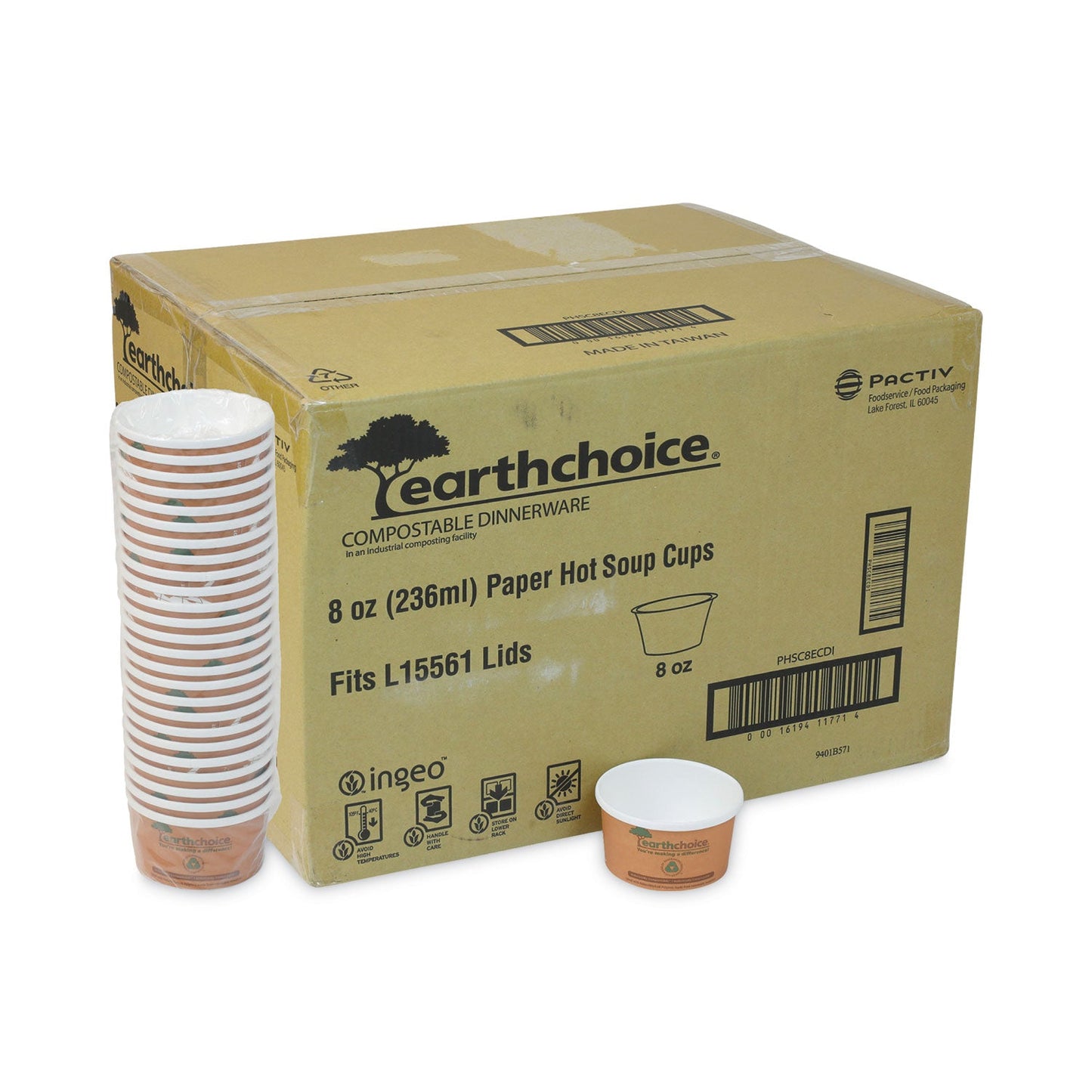 Pactiv Evergreen EarthChoice Compostable Soup Cup, Small, 8 oz, 3 x 3 x 3, Brown, Paper, 500/Carton