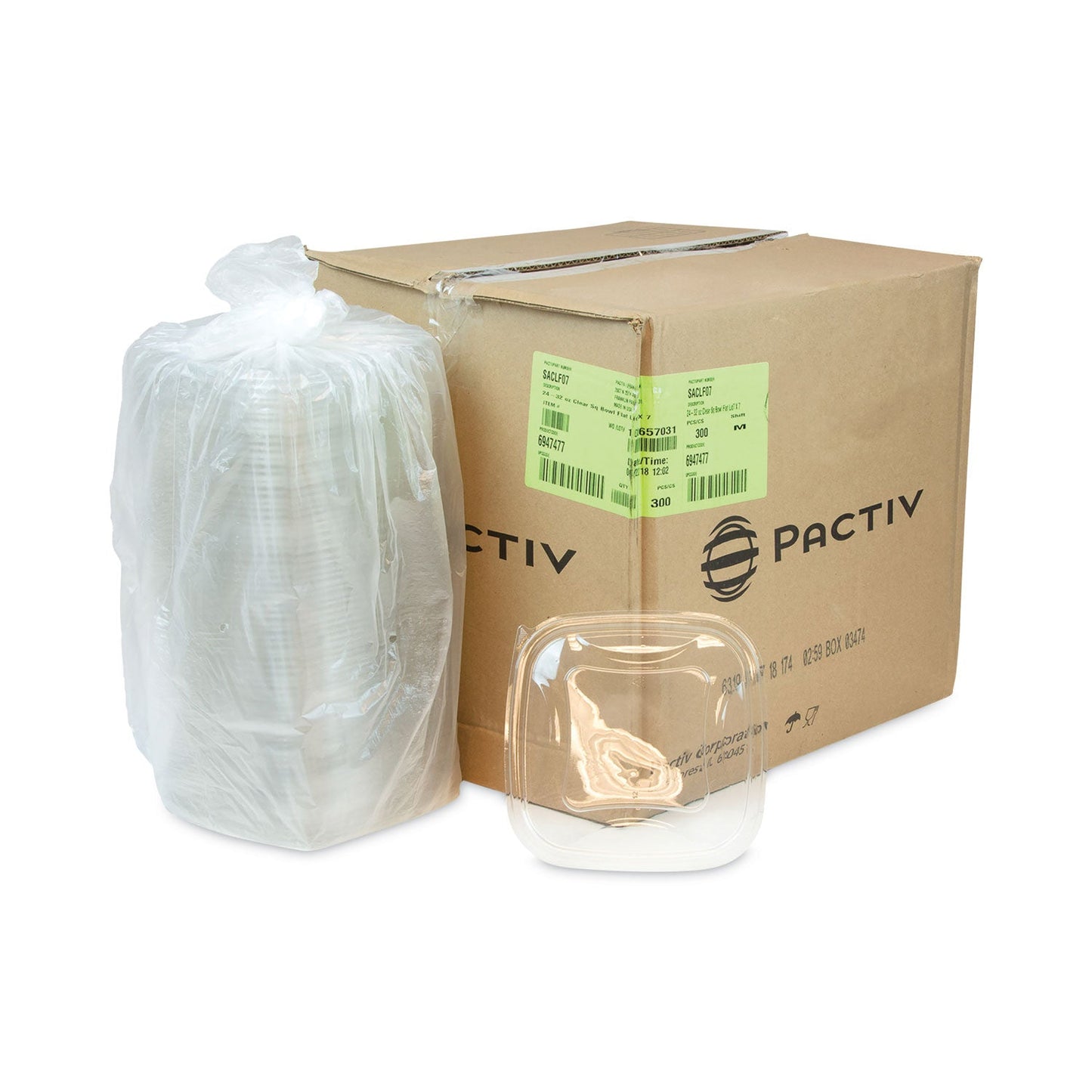 Pactiv Evergreen EarthChoice Square Recycled Bowl Flat Lid, 7.38 x 7.38 x 0.26, Clear, Plastic, 300/Carton