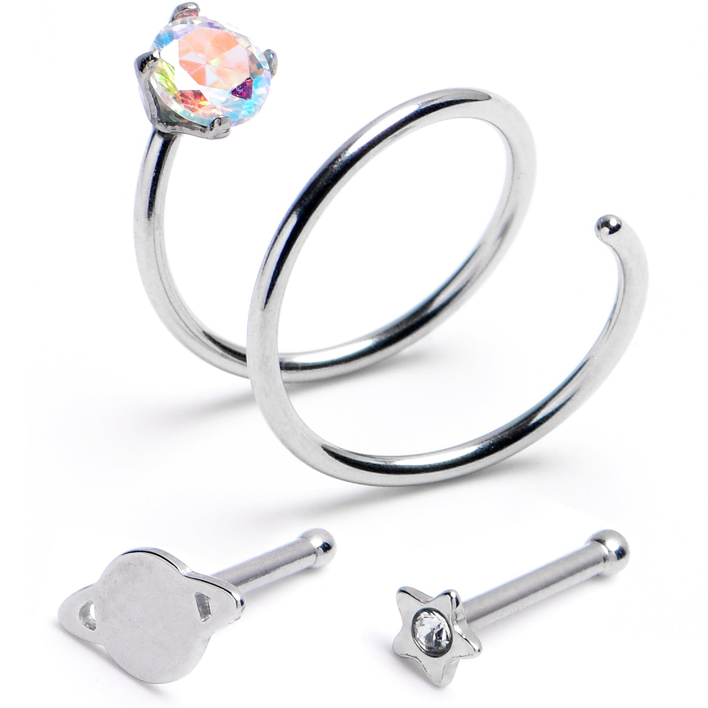 20G Clear Aurora Gem Spiral Saturn Star Nose Bone Set of 3