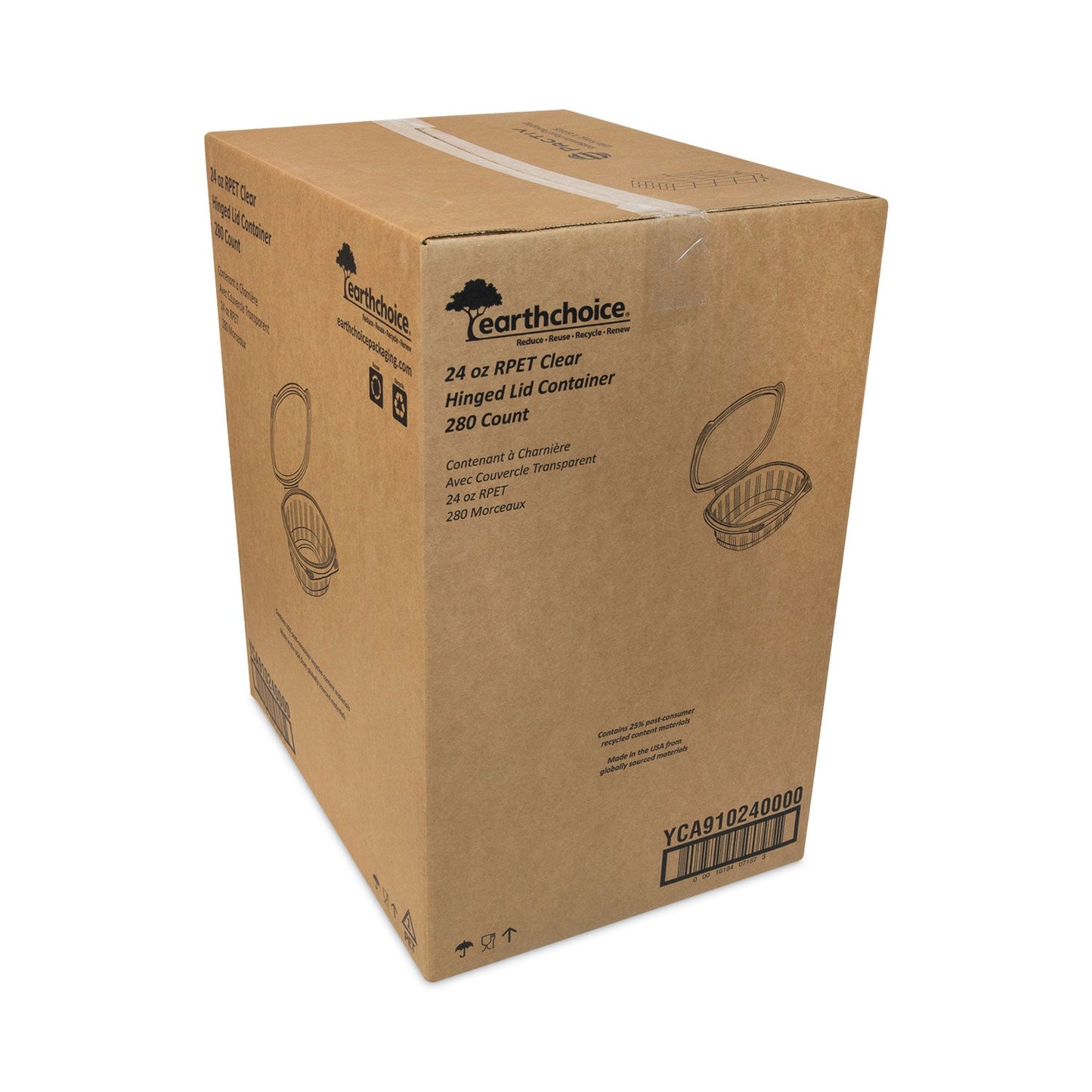Pactiv Evergreen EarthChoice Recycled PET Hinged Container, 24 oz, 7.38 x 5.88 x 2.38, Clear, Plastic, 280/Carton