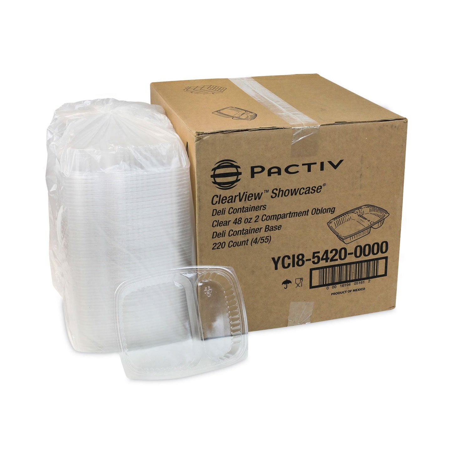 Pactiv Evergreen Showcase Deli Container, Base Only, 2-Compartment, 10 oz; 23 oz, 9 x 7.4 x 1.5, Clear, Plastic, 220/Carton