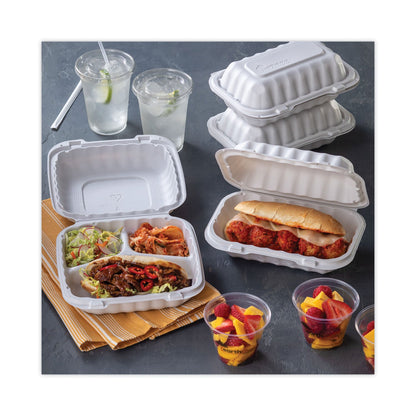 Pactiv Evergreen EarthChoice SmartLock Microwavable MFPP Hinged Lid Container, 3-Compartment, 8.31 x 8.35 x 3.1, White, Plastic, 200/Carton
