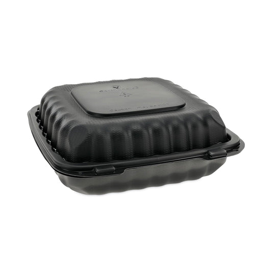 Pactiv Evergreen EarthChoice SmartLock Microwavable MFPP Hinged Lid Container, 3-Compartment, 9.33 x 8.88 x 3.1, Black, Plastic, 120/Carton