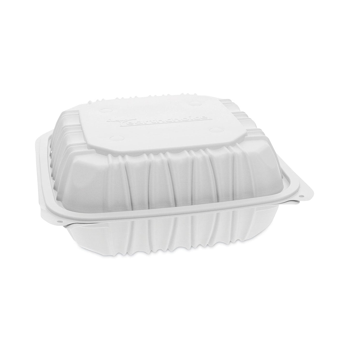 Pactiv Evergreen EarthChoice Vented Microwavable MFPP Hinged Lid Container, 3-Compartment, 8.5 x 8.5 x 3.1, White, Plastic, 146/Carton