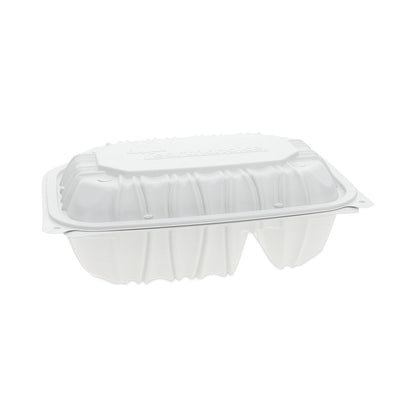 Pactiv Evergreen EarthChoice Vented Microwavable MFPP Hinged Lid Container, 2-Compartment, 9 x 6 x 3.1, White, Plastic, 170/Carton