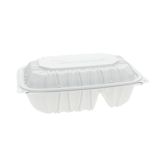Pactiv Evergreen EarthChoice Vented Microwavable MFPP Hinged Lid Container, 2-Compartment, 9 x 6 x 3.1, White, Plastic, 170/Carton