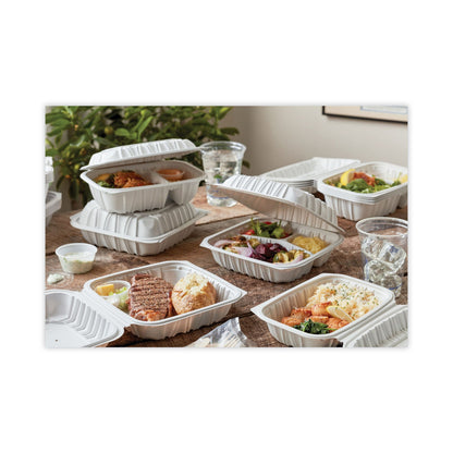 Pactiv Evergreen EarthChoice Vented Microwavable MFPP Hinged Lid Container, 2-Compartment, 9 x 6 x 3.1, White, Plastic, 170/Carton
