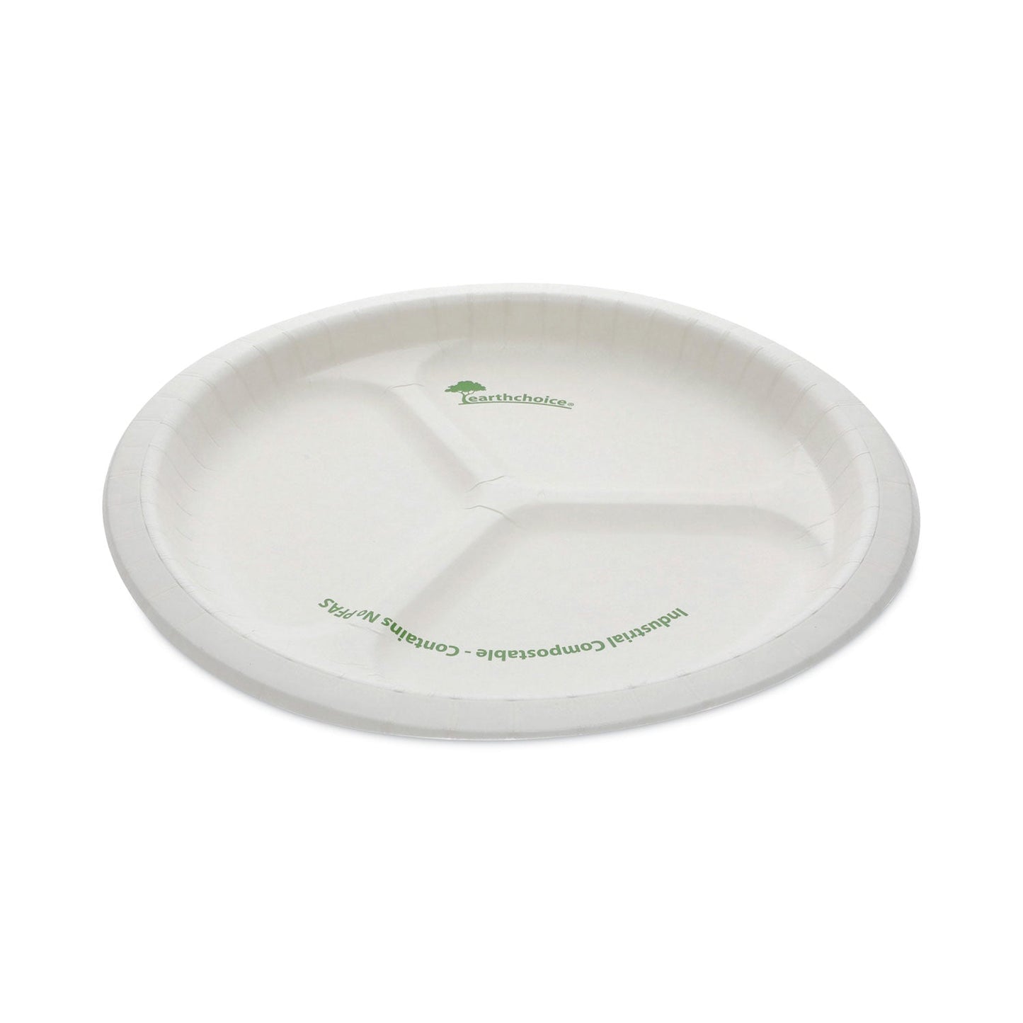 Pactiv Evergreen EarthChoice Pressware Compostable Dinnerware, 3-Compartment Plate, 10" dia, White, 250/Carton