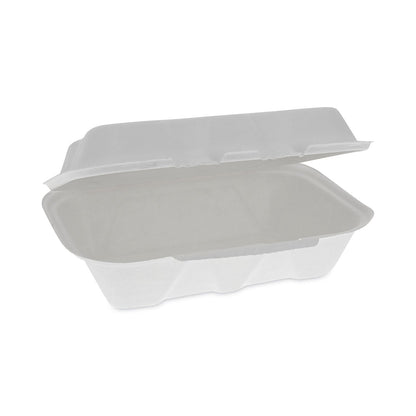 Pactiv Evergreen EarthChoice Bagasse Hinged Lid Container, Dual Tab Lock, 9.1 x 6.1 x 3.3, Natural, Sugarcane, 150/Carton