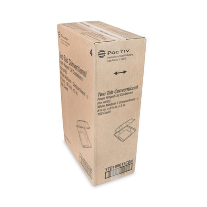 Pactiv Evergreen Vented Foam Hinged Lid Container, Dual Tab Lock Economy, 8.42 x 8.15 x 3, White, 150/Carton