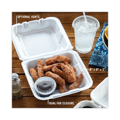 Pactiv Evergreen Vented Foam Hinged Lid Container, Dual Tab Lock, 8.42 x 8.15 x 3, White, 150/Carton