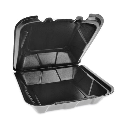 Pactiv Evergreen Vented Foam Hinged Lid Container, Dual Tab Lock, 9 x 9 x 3.25, Black, 150/Carton