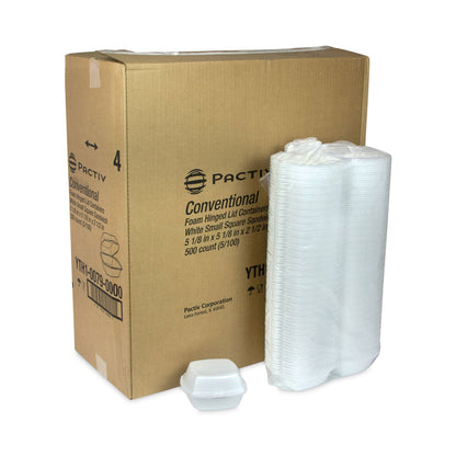 Pactiv Evergreen Foam Hinged Lid Container, Single Tab Lock, 5.13 x 5.13 x 2.5, White, 500/Carton